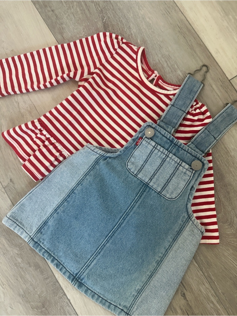 Levi's Red & White Stripe Top with Light Blue Denim Overall Dress 6-12 months